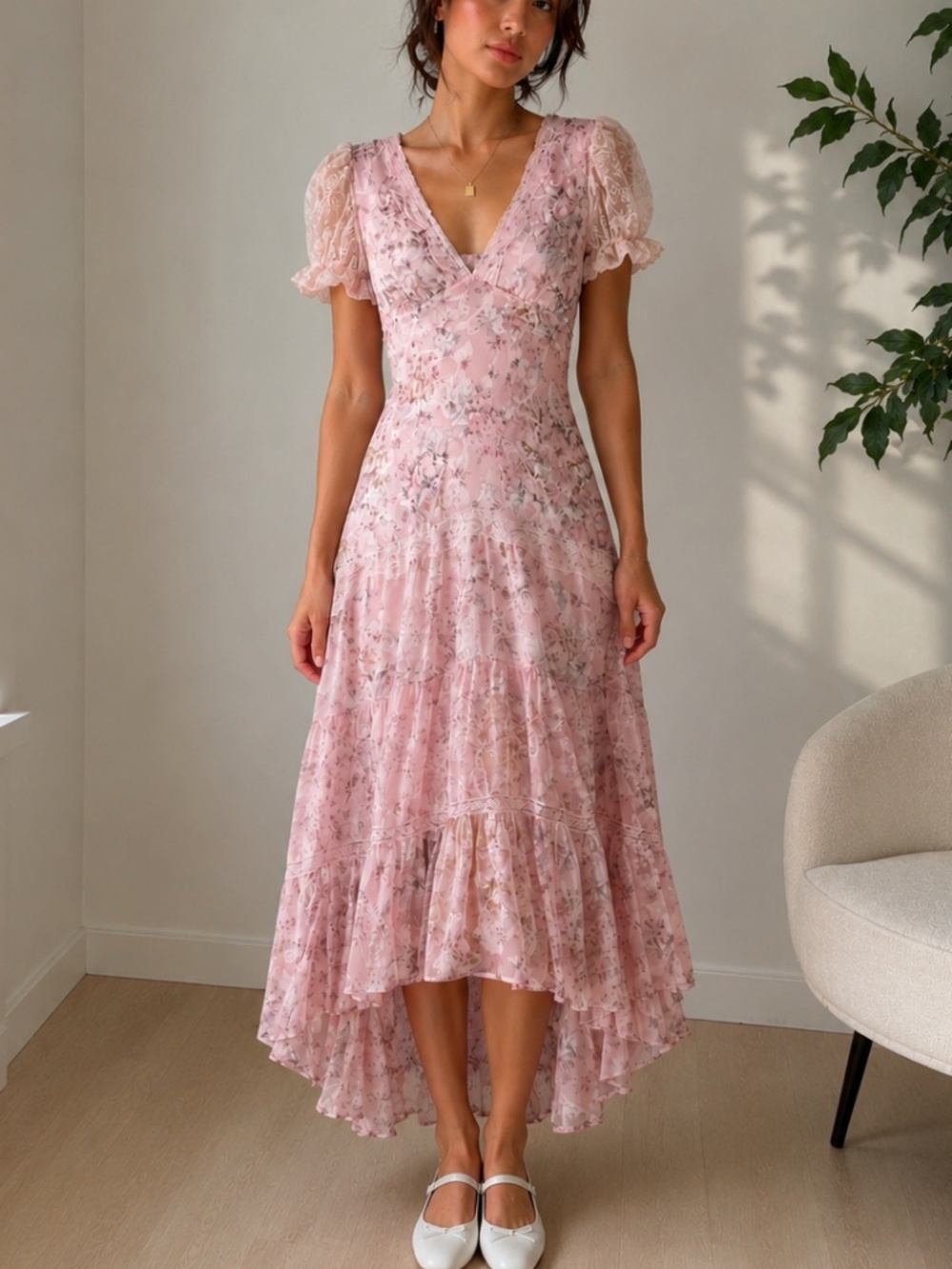 Lait Collection Pink Floral Lace High Low Midi Dress Romantic Size M